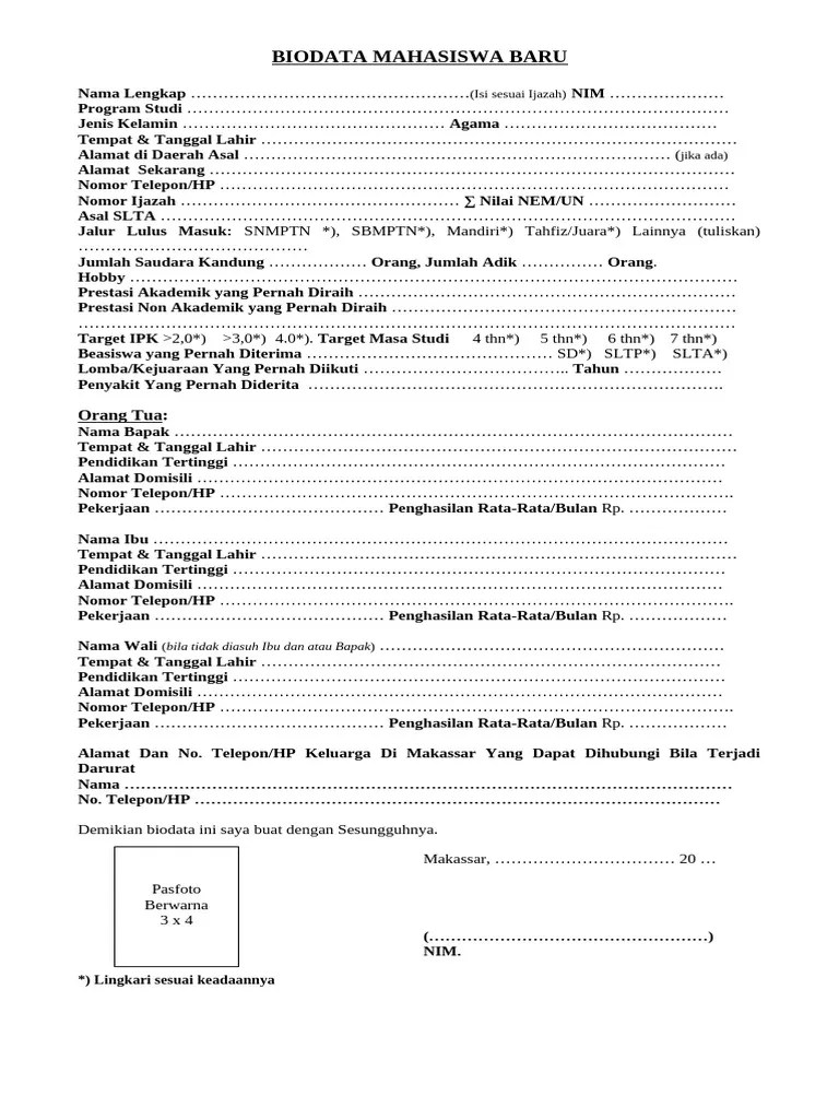 Biodata Mahasiswa Baru Pdf