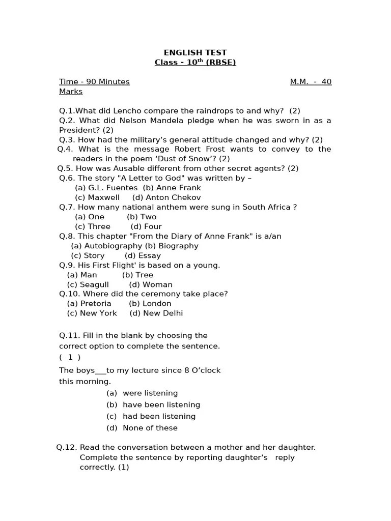 ENGLISH TEST Class 10th (RBSE) 15 Jan 2024 | PDF