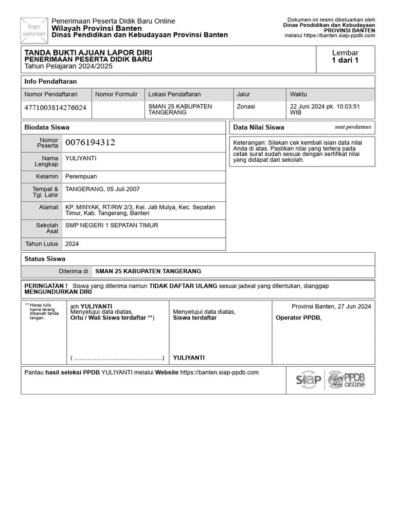 Tanda Bukti AJuan Lapor Diri_ 0076194312 _ YULIYANTI | PDF