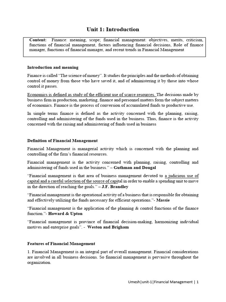 Unit 1 Introduction To Financial Management | PDF