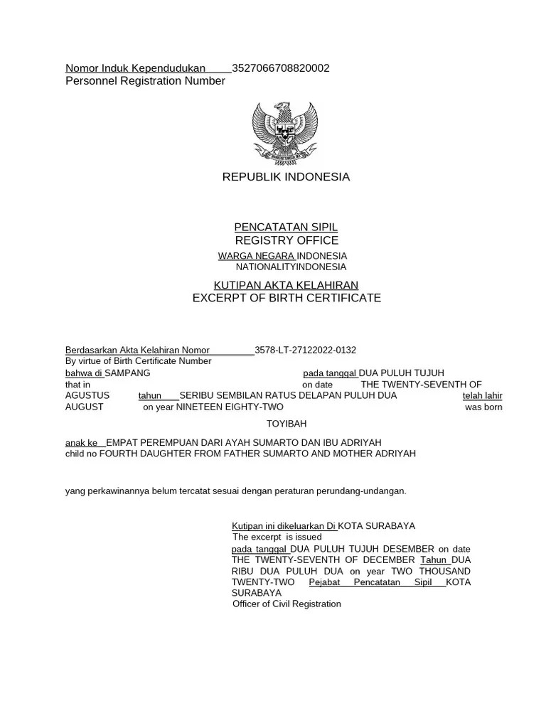 623894006 Contoh Akta Kelahiran Terbaru Surabaya 10000 | PDF