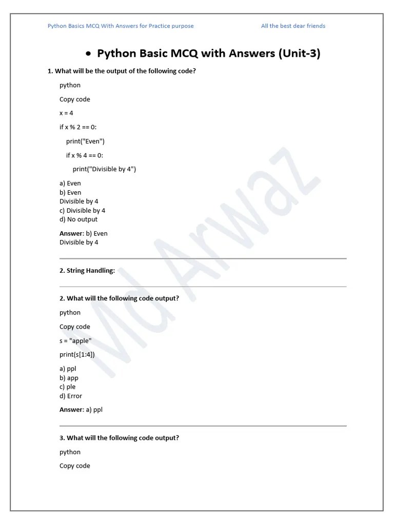 Unit-3 Python Basics MCQ With Answers | PDF