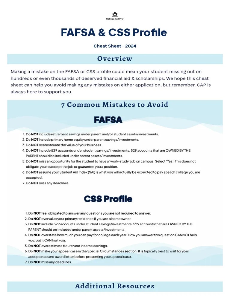 FAFSA CSS Profile Cheat Sheet PDF | PDF