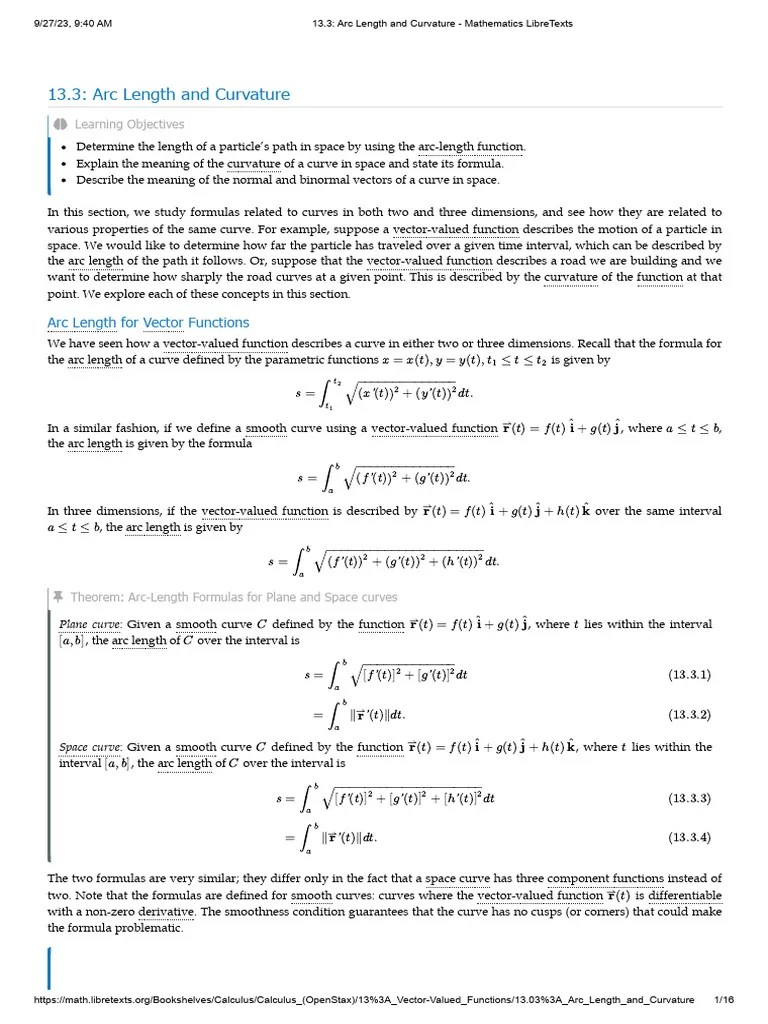 Arc Length And Curvature - Mathematics LibreTexts | PDF