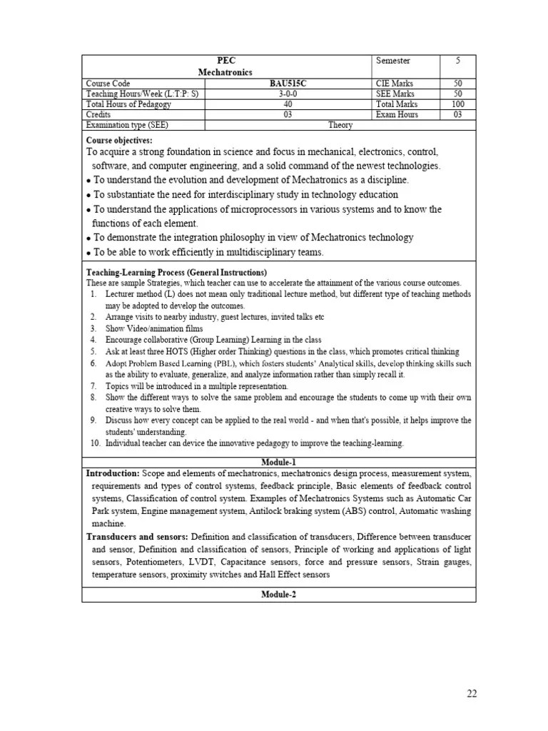 5th Sem Mechatronics Syllabus | PDF | Programmable Logic Controller ...