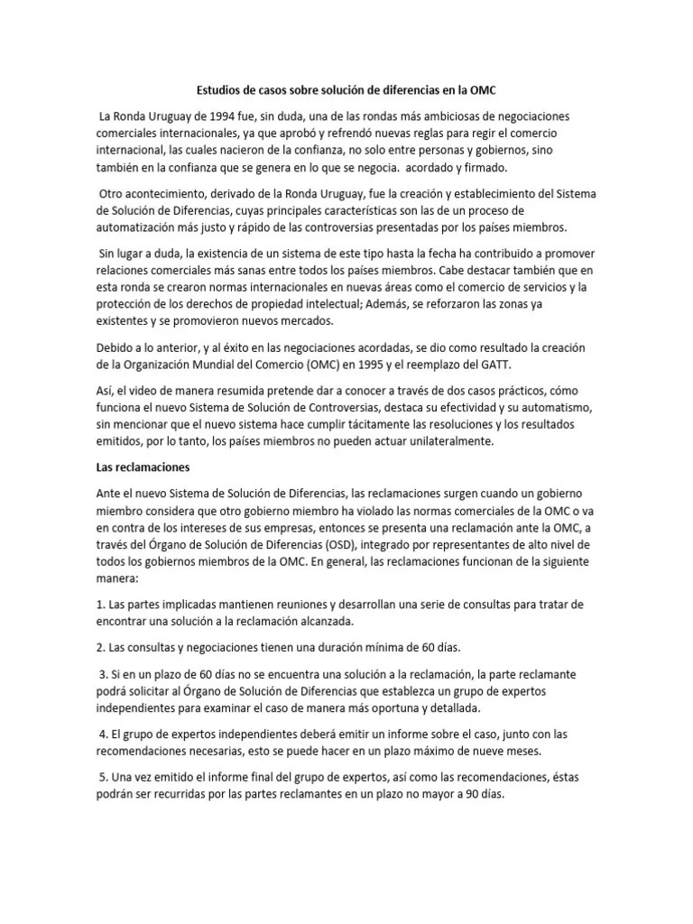 Estudios De Casos Sobre Solución De Diferencias En La OMC | PDF