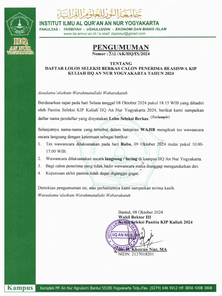 Daftar Lolos Seleksi Berkas Calon Penerima Beasiswa Kip Kuliah Iiq An Nur Yogyakarta Tahun 2024 ...