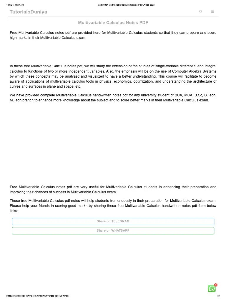 Handwritten Multivariable Calculus Notes PDF Download 2023 | PDF