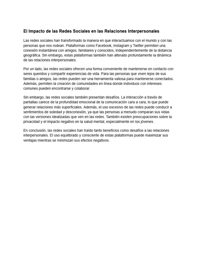 El Impacto De Las Redes Sociales En Las Relaciones Interpersonales | PDF