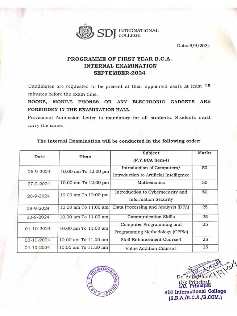FYBCA Sem-2 Theory Internal Exam Schedule | PDF