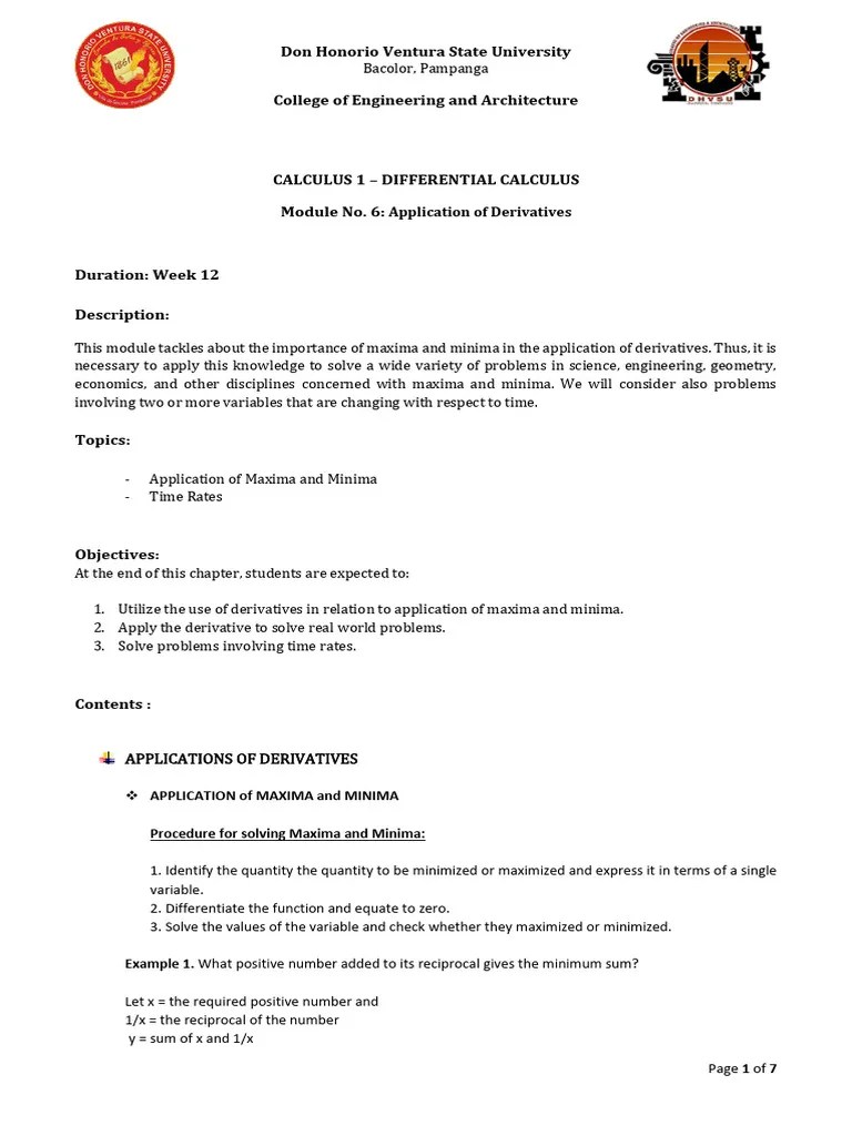 Calculus 1 Module No. 06 Application Of Derivatives | PDF
