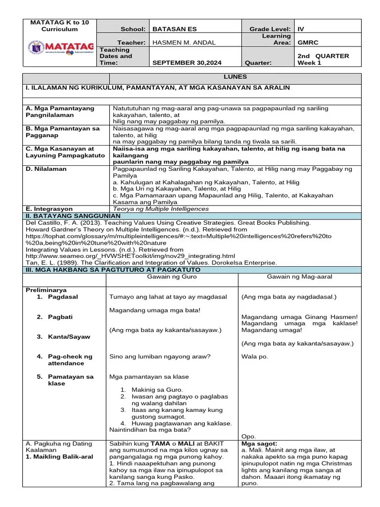 GMRC GRADE 4 MATATAG DETAILED LESSON PLAN | PDF