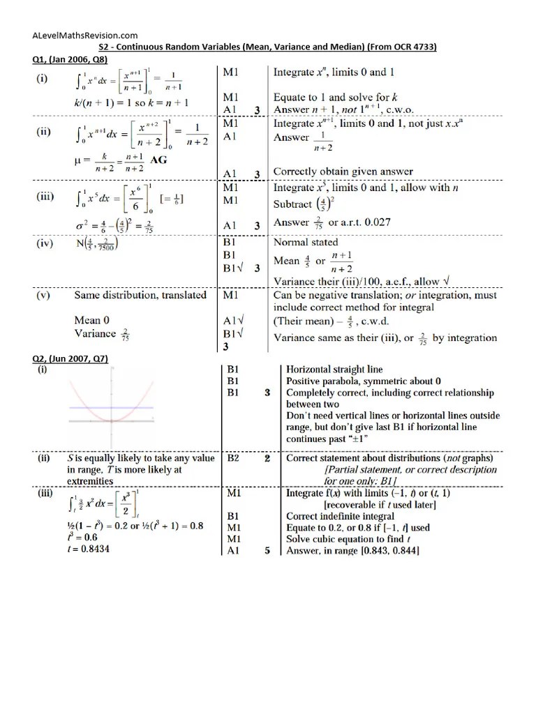 Continuous Random Variables (Mean, Variance And Median) MS | PDF