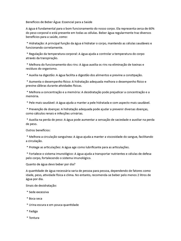 Um Pouco Dos Beneficios Da Agua Para O Ser Humano | PDF
