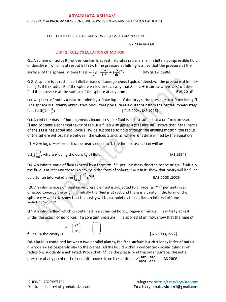 Eulers Equation Of Motion | PDF