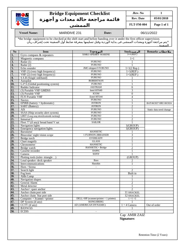 Bridge Equipment Checklist | PDF