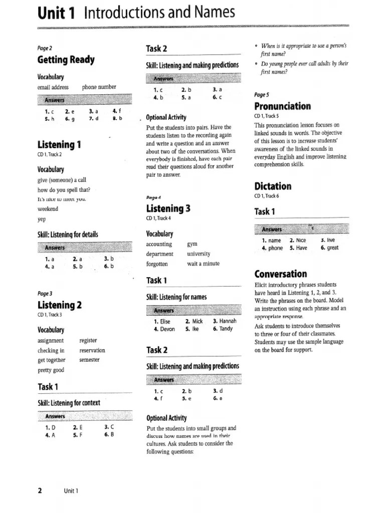 Listening - Key Unit 1, Unit 2 | PDF