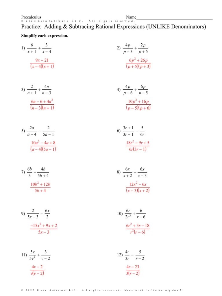 Practice Adding & Subtracing Rational Expressions (UNLIKE Denominators) KEY | PDF