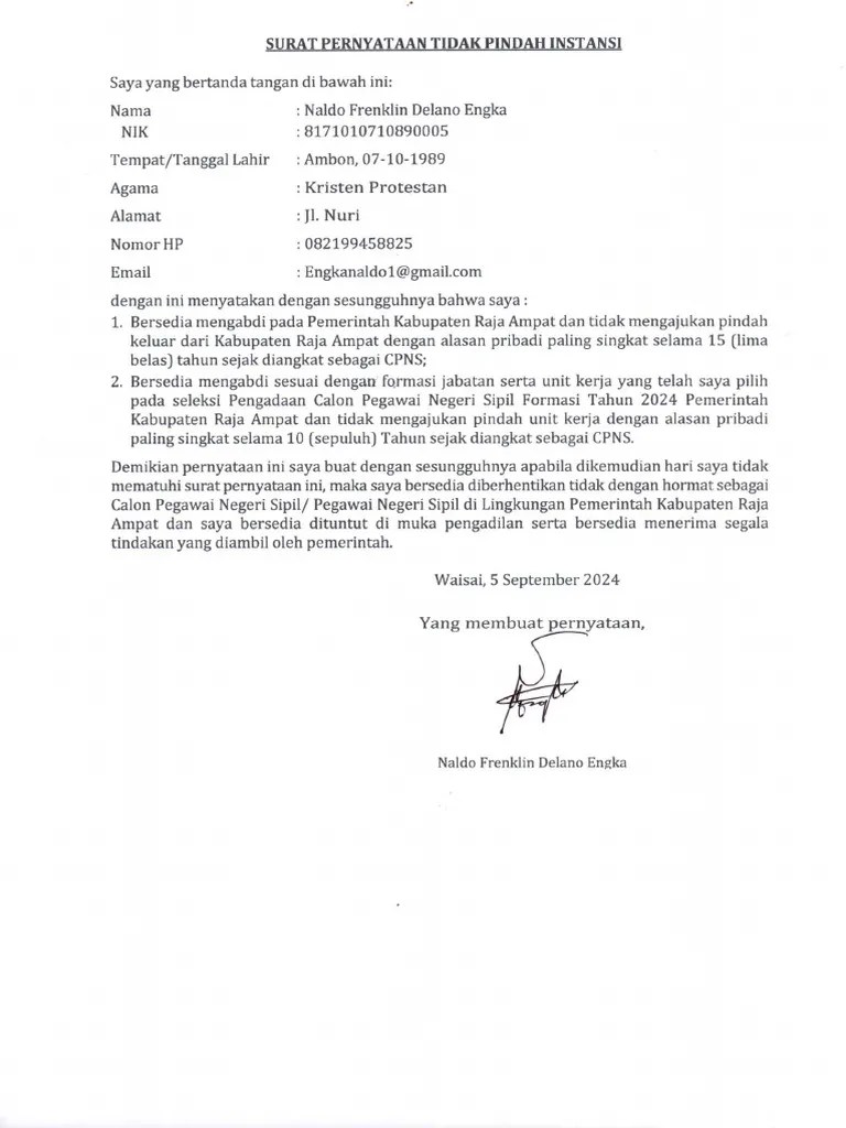 Contoh Surat Pernyataan Tidak Pindah Tugas | PDF