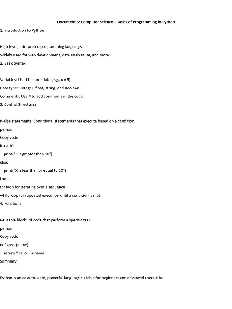 Computer Science - Basics Of Programming In Python | PDF