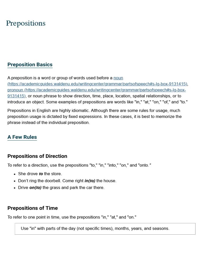 Prepositions - Grammar - Academic Guides At Walden University | PDF