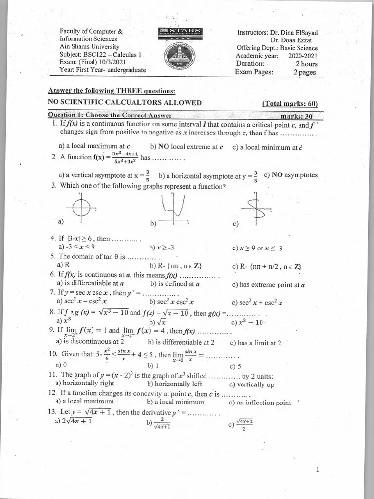 Calculus 1 Final 2021 | PDF