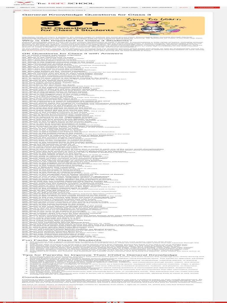 GK Questions For Class 3 With Answers - The HDFC School | PDF