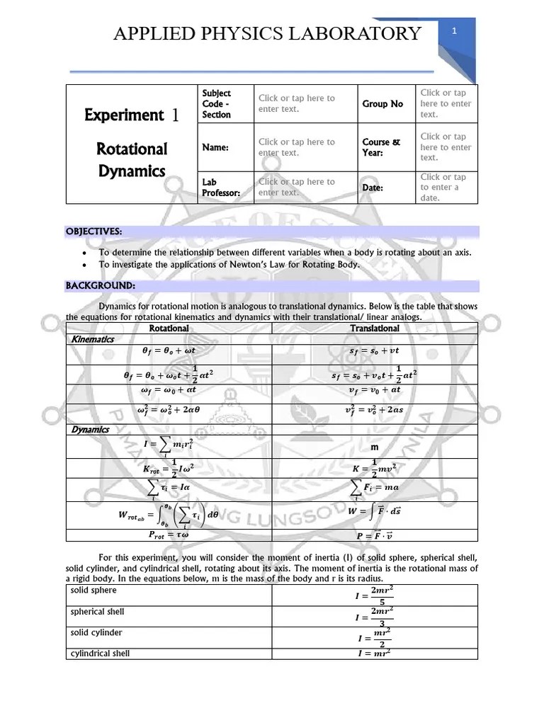 Experiment 1 Rotational Dynamics | PDF