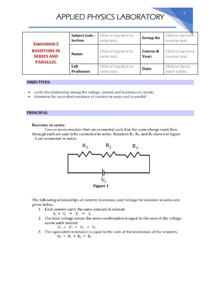 Experiment 3 Resistors In Series And Parallel | PDF