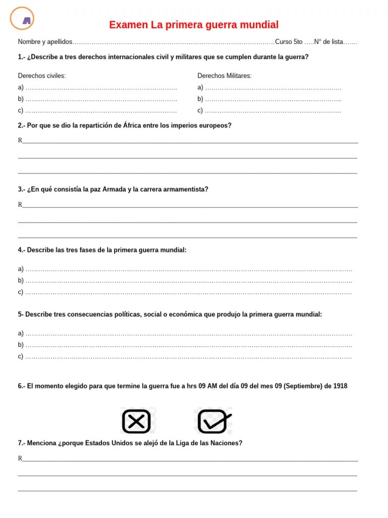Examen 5to 1ra Guerra Mundial | PDF