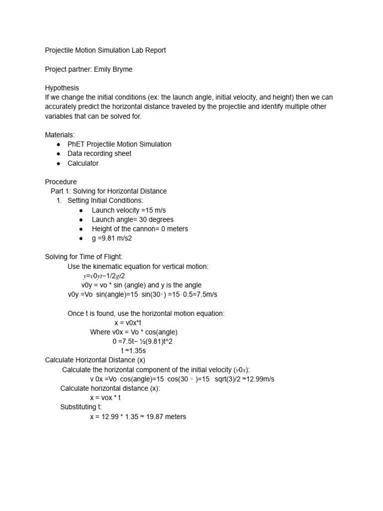 Projectile Motion Simulation Lab Report | PDF