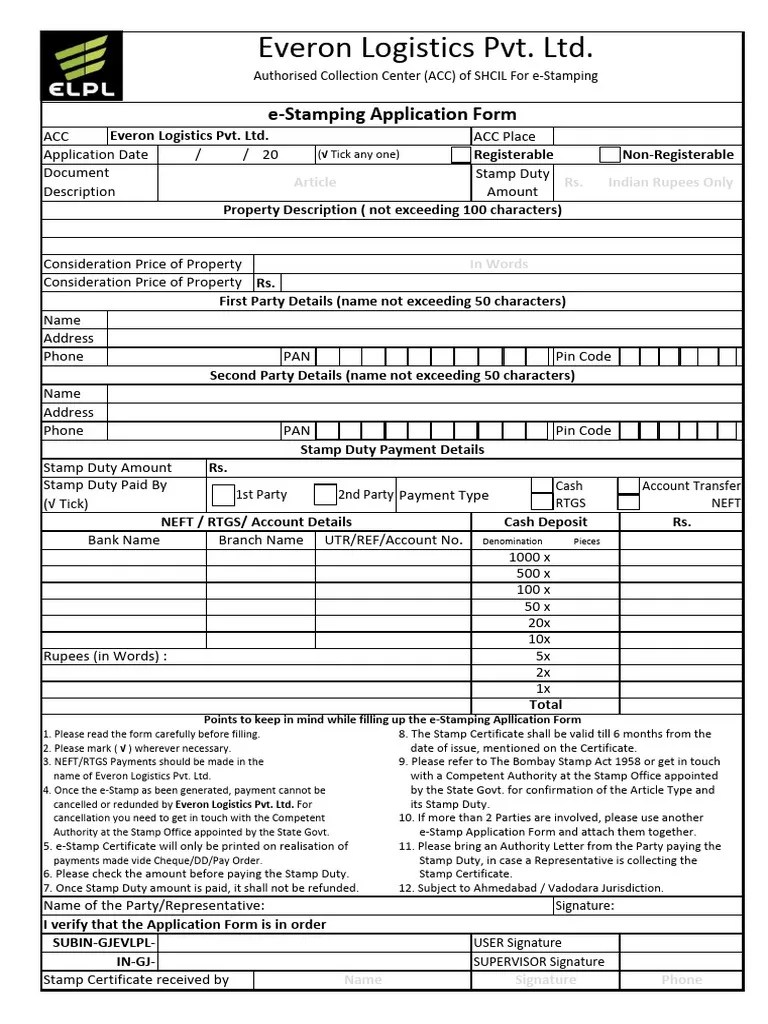 Everon Logistics E Stamp Application Form Pdf