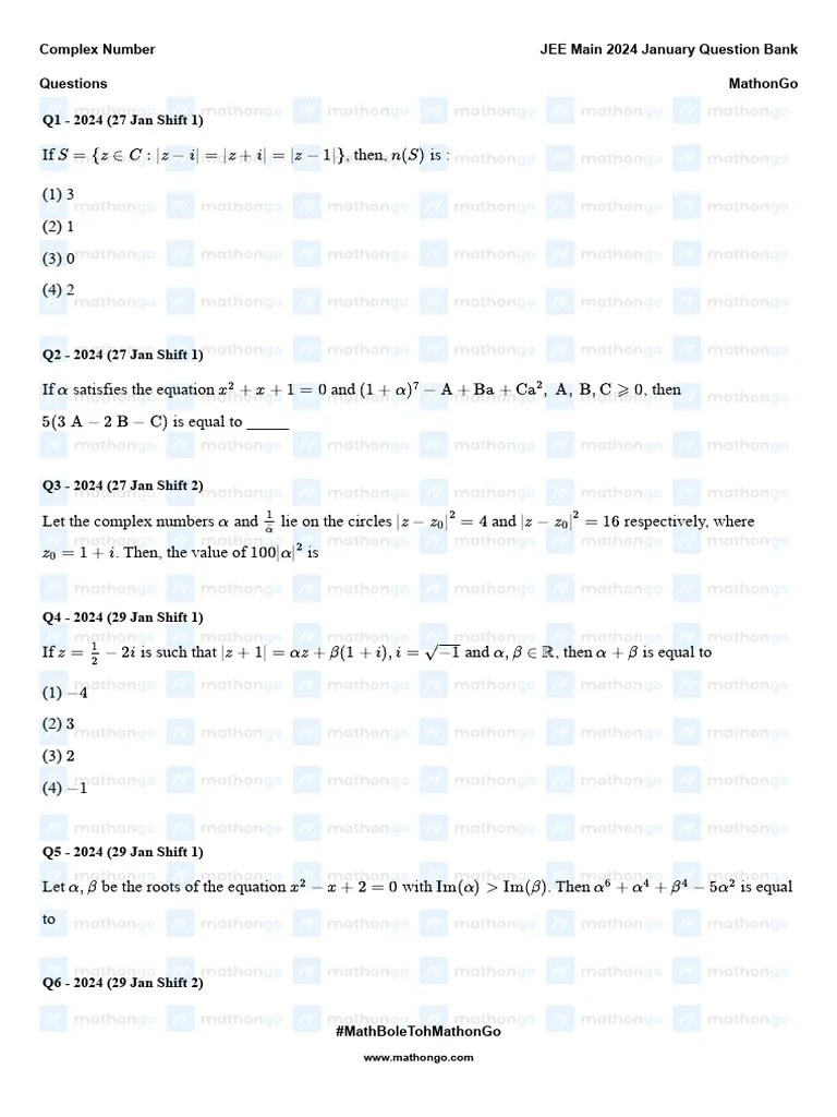 Complex Number - JEE Main 2024 January Question Bank - MathonGo | PDF ...