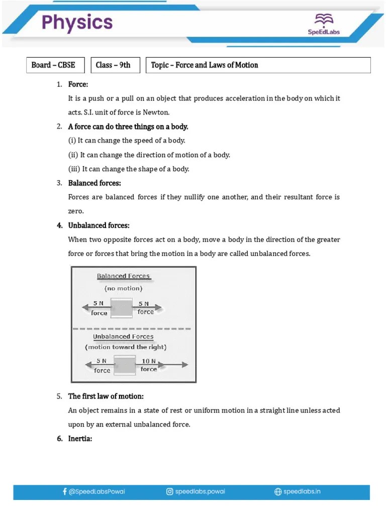 9th CBSE - Force And Laws Of Motion - Chapter Notes | PDF | Force ...