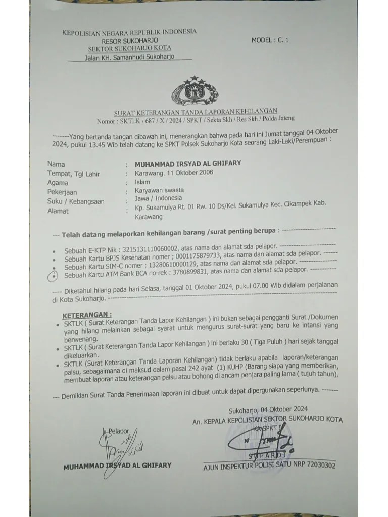 Surat Keterangan Tanda Laporan Kehilangan ( SKTLK ) | PDF