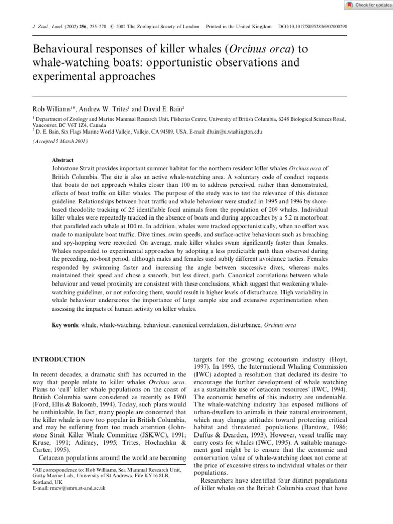 Journal Of Zoology - 2006 - Williams - Behavioural Responses Of Killer Whales Orcinus Orca To ...
