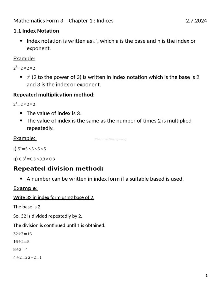 Mathematics Form 3 - Chapter 1 Indices | PDF | Multiplication | Mathematics