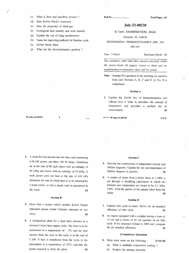 Btech Me Ae 3 Sem Engineering Thermodynamics 00230 Jul 2022 | PDF