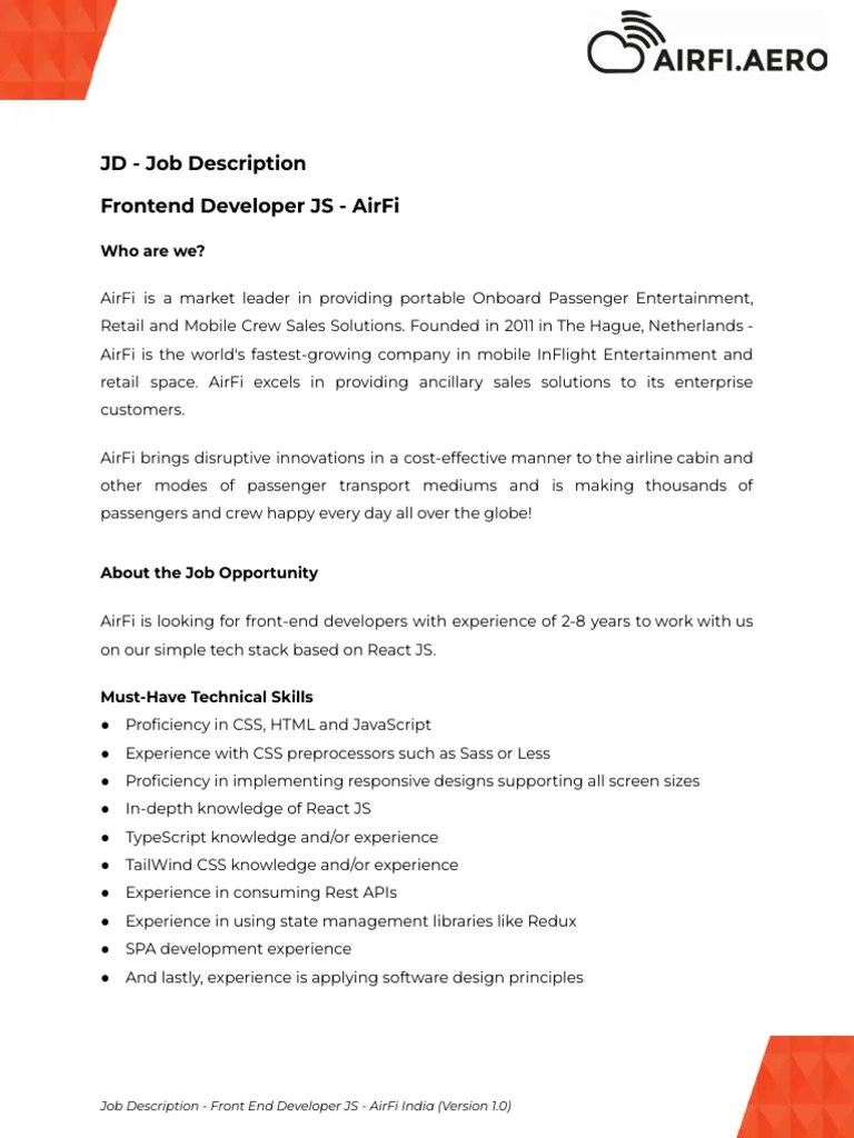 [Updated] Job Description - Frontend Developer - JavaScript -1 | PDF ...