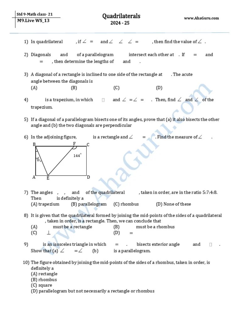 WS On Quadrilaterals | PDF | Rectangle | Classical Geometry