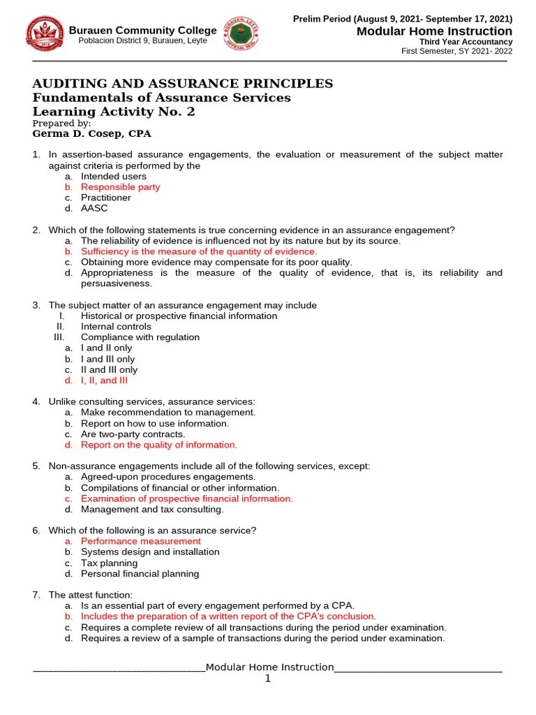 Auditing And Assurance Principles LA No. 2 | PDF | Audit | Internal Control