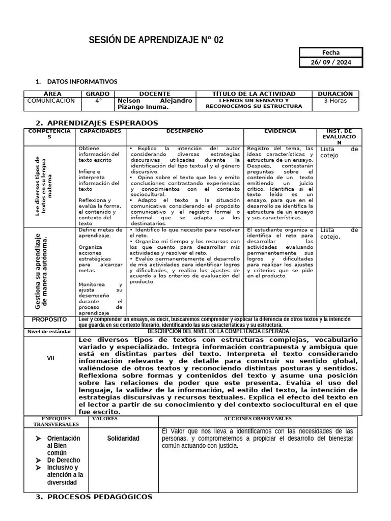 Sesión Com #4°-26-09-2024 | PDF | Ensayos | Aprendizaje