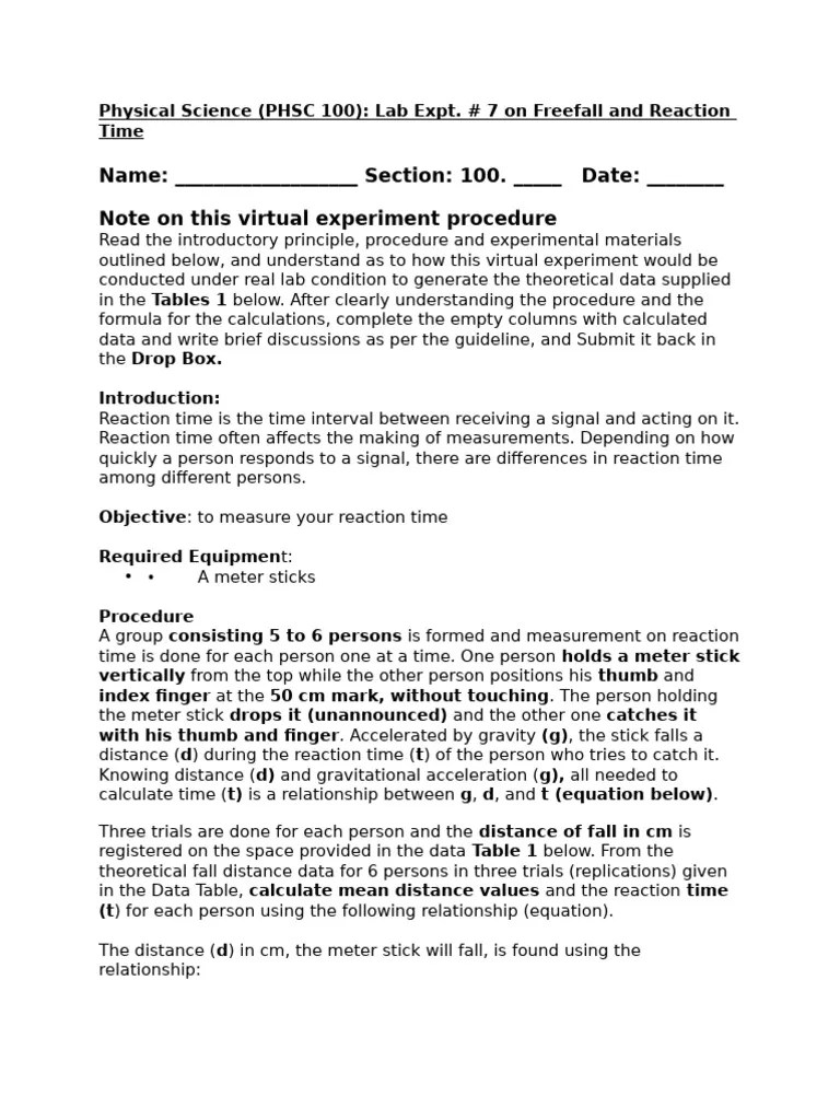 Freefall Reaction Time Lab Guide | PDF | Mental Chronometry | Gravity