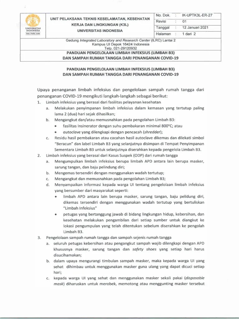 Panduan Pengelolaan Limbah Infektus B3 Dan Sampah Rumah Tangga Dari Penanganan COVID 19 | PDF