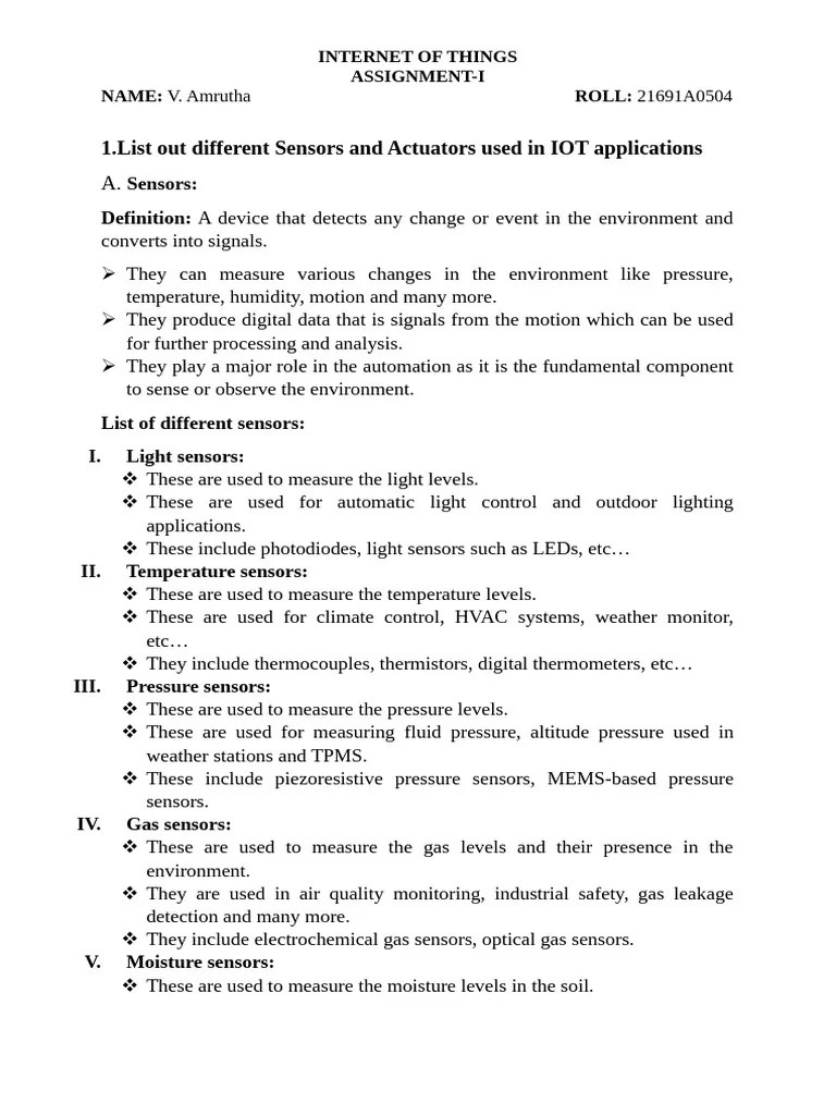 1.list Out Different Sensors And Actuators Used In IOT Applications ...