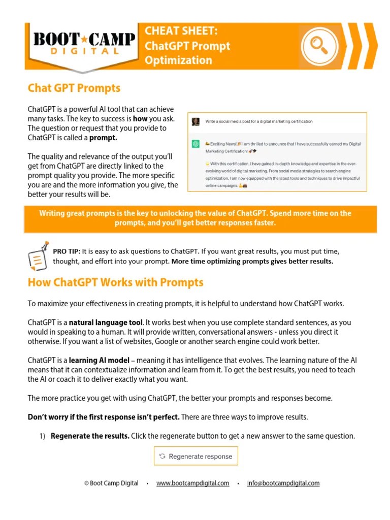 Boot Camp Digital ChatGPT Prompt Optimization Cheat Sheet | PDF ...