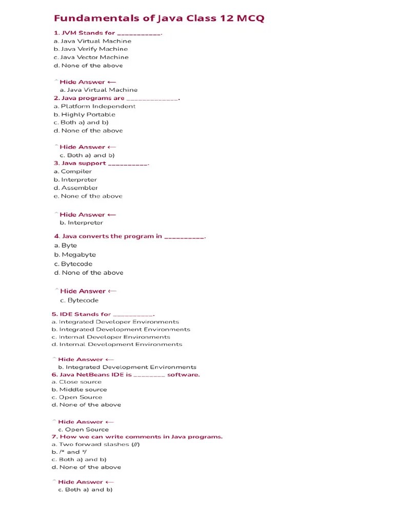 Fundamental Of Java Programming - MCQ | PDF