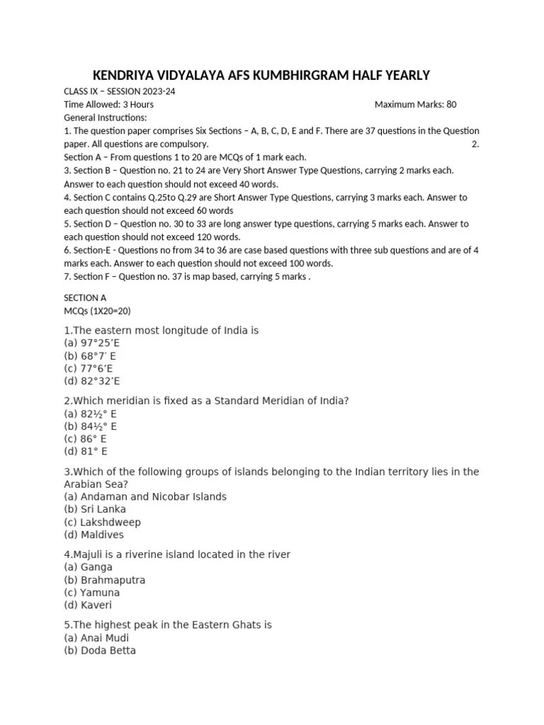 Half Yearly Class 9 2023-24 SST | PDF | Politics | Travel