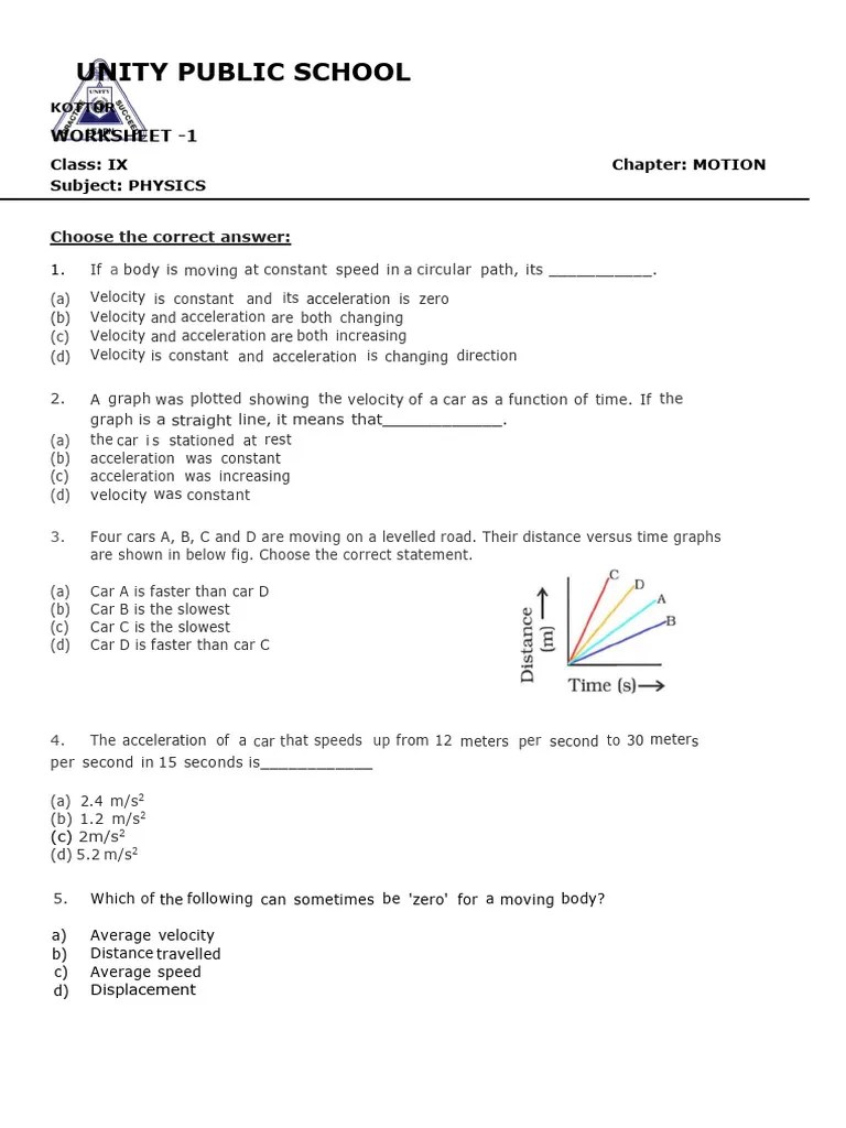 Class 9 Motion Worksheet | PDF | Acceleration | Velocity