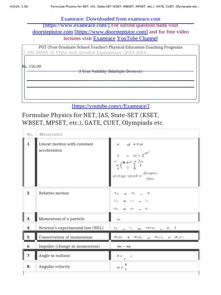 Formulae Physics | PDF | Acceleration | Force